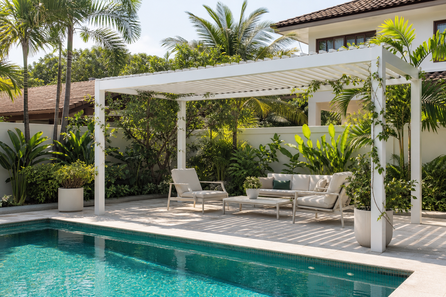 Traditional White Pergola Poolside | Forge Windows