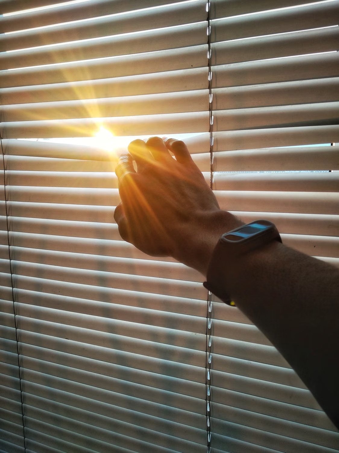 Hand adjusting window blinds to control incoming sunlight