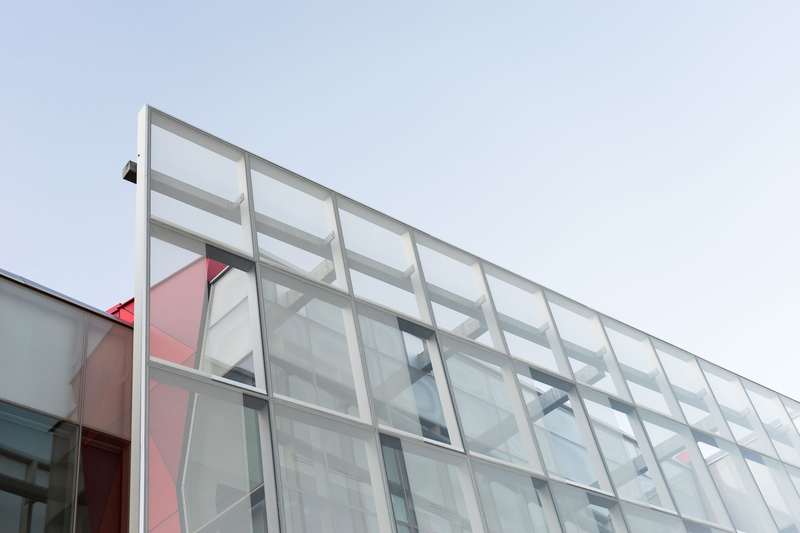 Low angle view of a framed aluminium and glass commercial façade