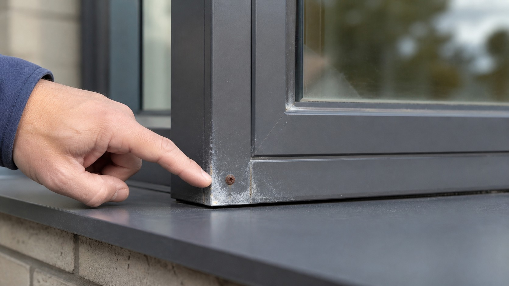 Technician inspecting mild corrosion and white oxidation on an aluminium window frame