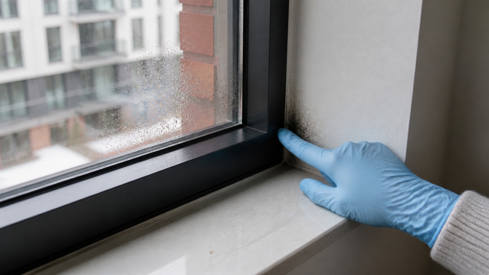 Small mould patches around the lower corner of a black aluminium window frame