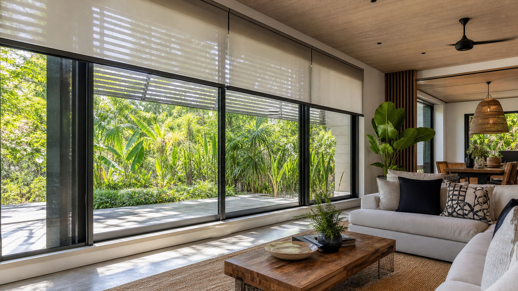 Tropical living room using aluminium windows, sunshades and blinds to reduce heat
