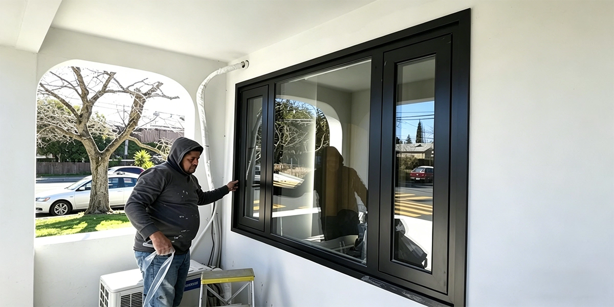 Installer checking a black aluminium window in a completed residential project