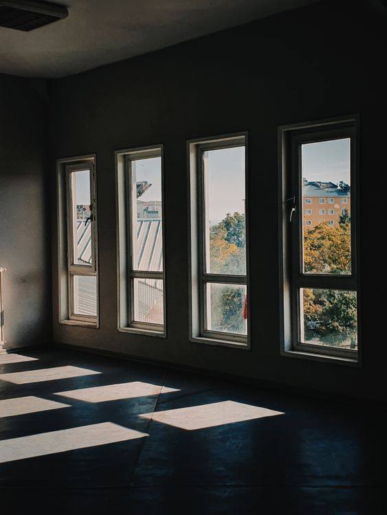 Sunlight passing through multiple tall windows into a dark room
