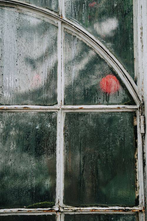 Dew-covered glass within a visible window frame