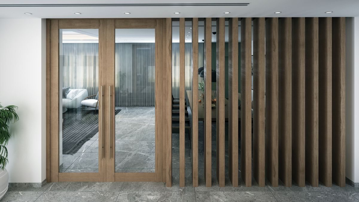 Framed glass door in an interior