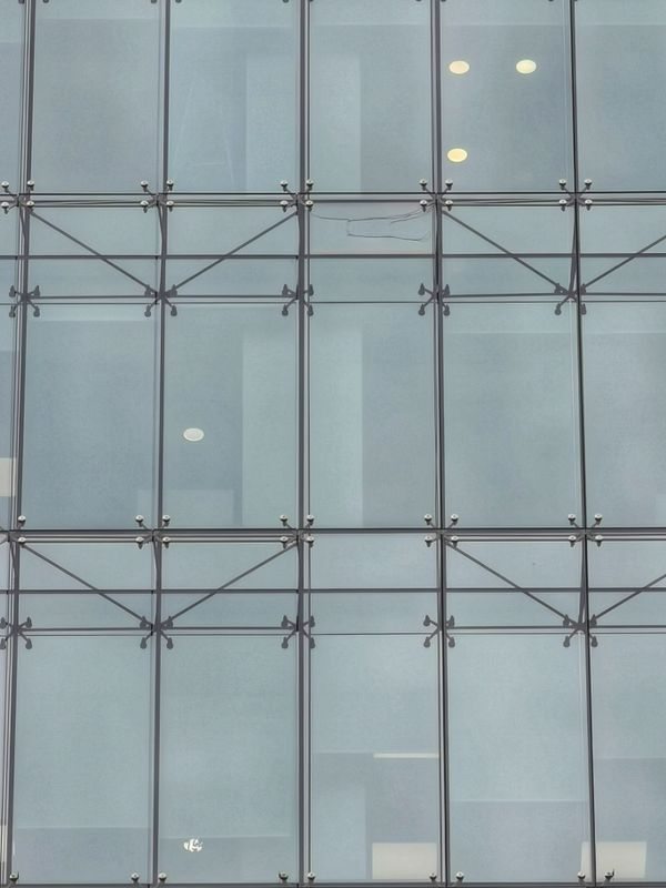 Glass building facade with metal framing