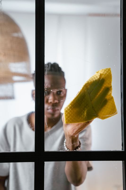 Person wiping a glass window with a yellow cloth