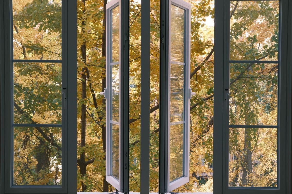 Open window with autumn foliage outside