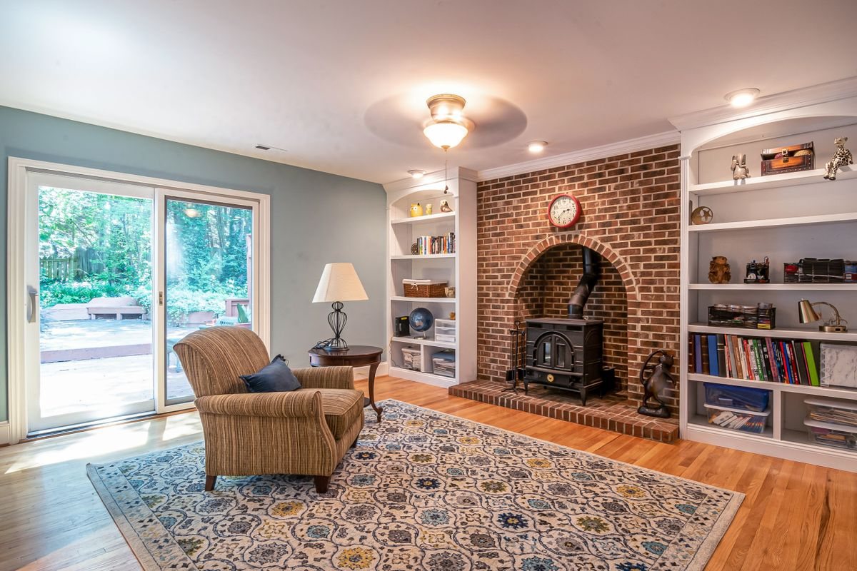 Living room with large sliding glass doors to a patio