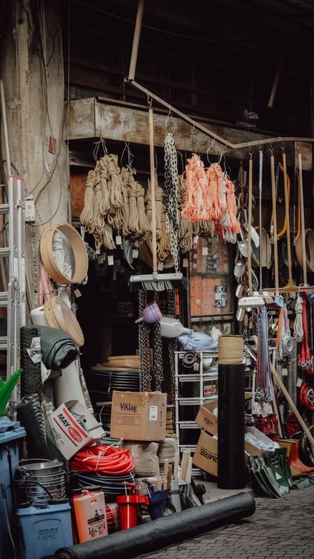 Workshop storage containing tools and spare materials