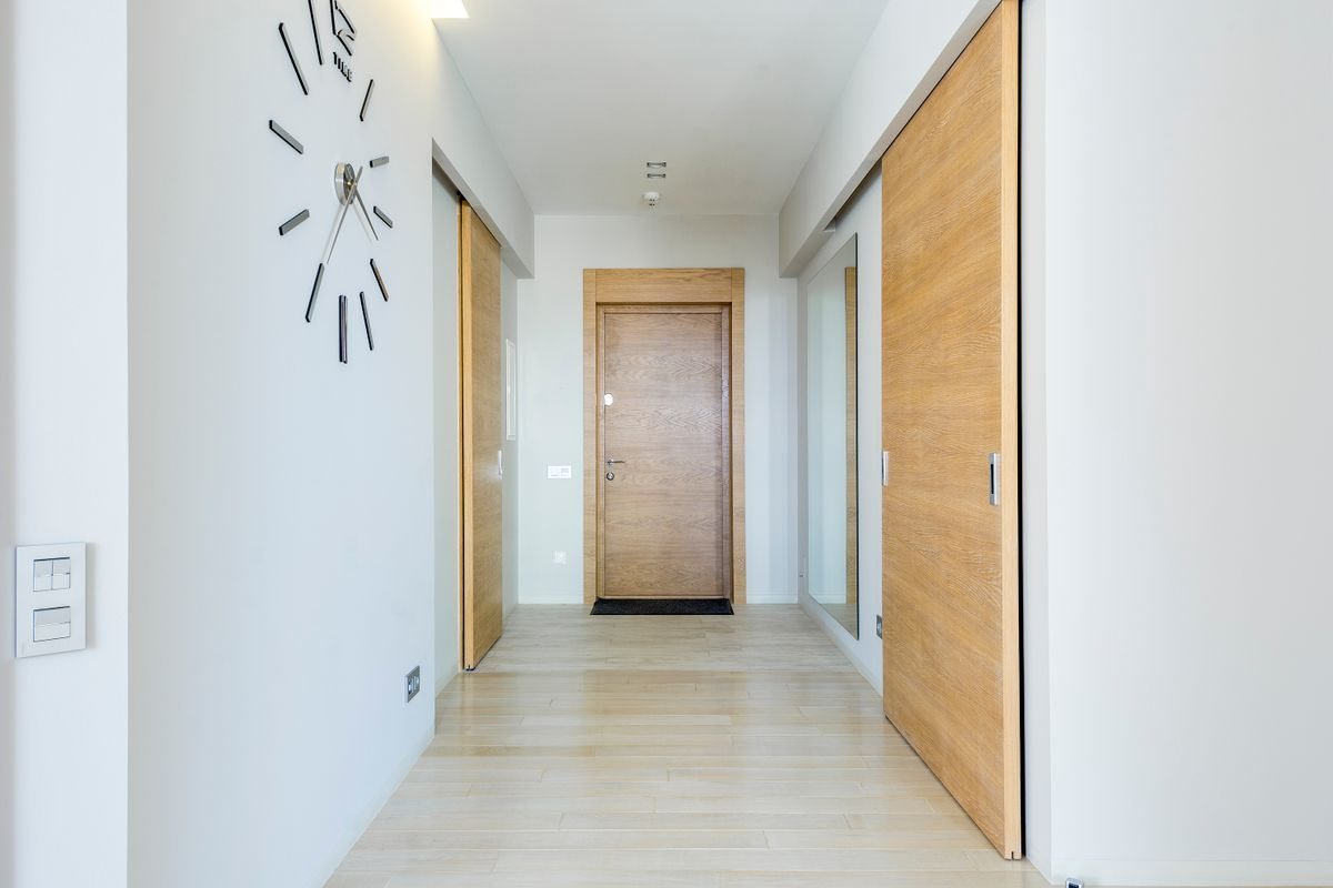Interior doorway with aligned timber door panels