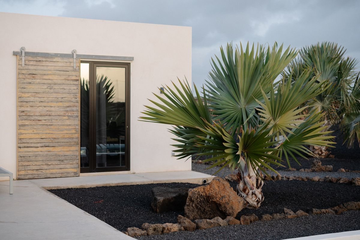 Modern villa exterior with garden and large windows