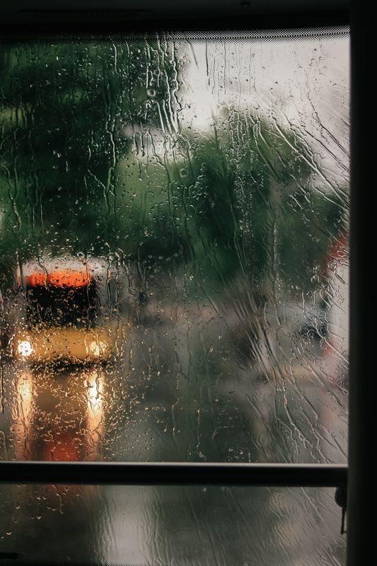 Rain droplets on a glazed door with a blurred exterior