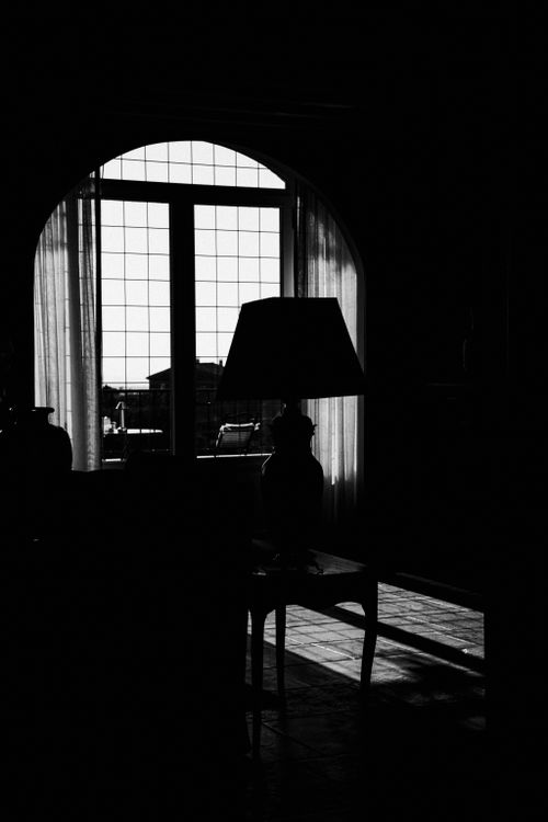 Silhouetted lamp and interior against a bright window in monochrome
